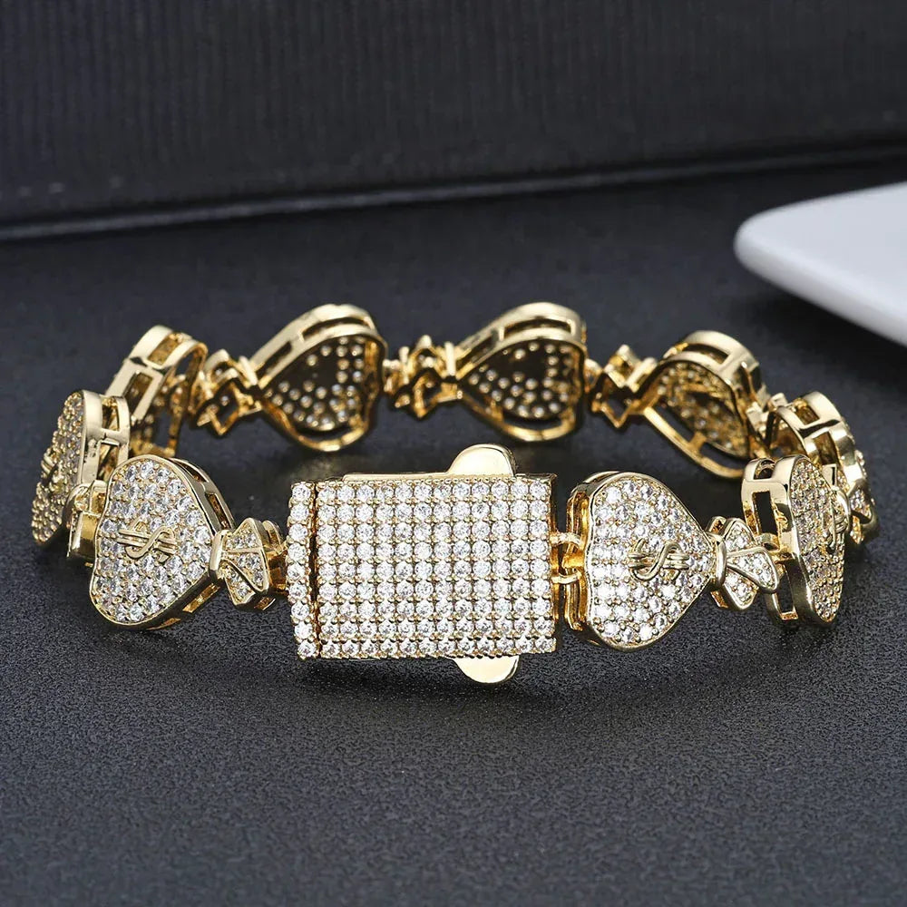 15mm Money Bag Cuban Bracelet Zircon Rapper Chain - CaratixJewelry