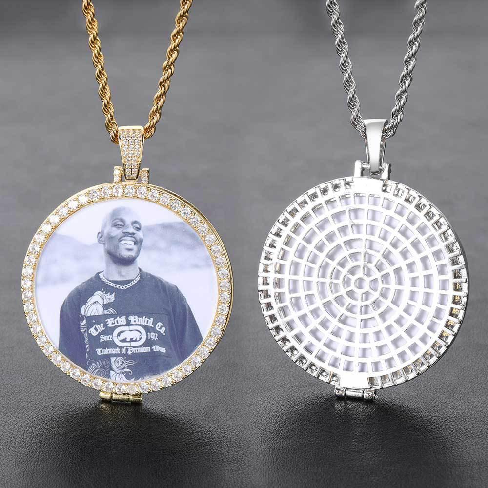 Hip Hop Flip-Top Round Photo Frame Pendant Necklace with Copper Frame and Zircon Stones | Customizable Jewelry | Caratix Jewelry - CaratixJewelry
