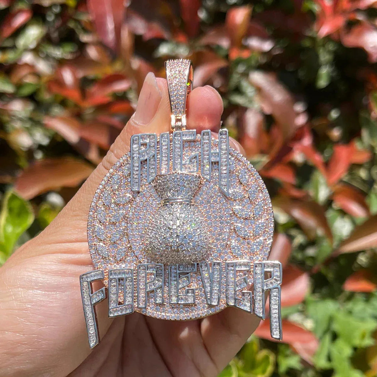 Iced Out "Rich Forever" Pendant | Men's Real Copper CZ Necklace - CaratixJewelry