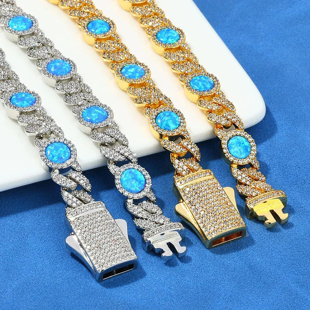 8mm Blue Gemstone Opal Zircon Hip Hop Jewelry Cuban Bracelet - CaratixJewelry