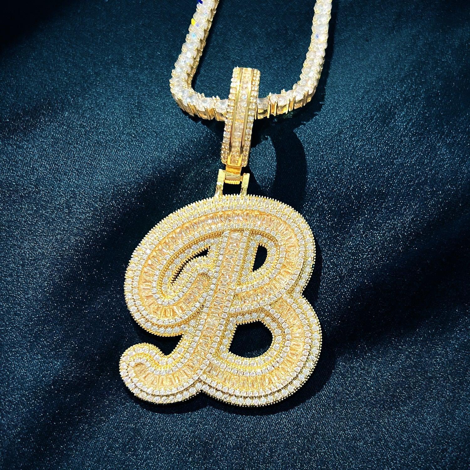 Baguette Script Letter Pendant | CZ Iced Out Hip Hop Unisex Streetwear Necklace - CaratixJewelry