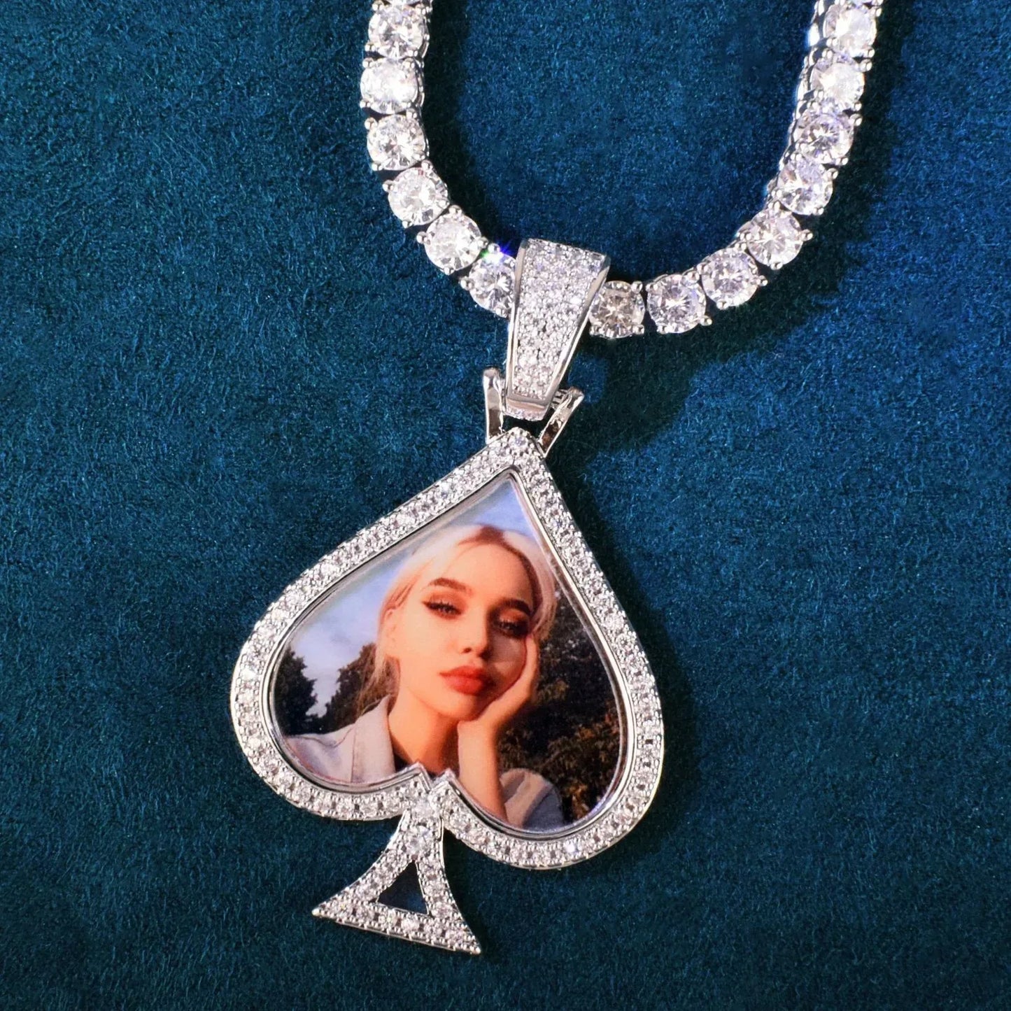 Spade Photo Pendant Necklace | Epoxy CZ Iced Out DIY Custom Hip Hop Jewelry - CaratixJewelry