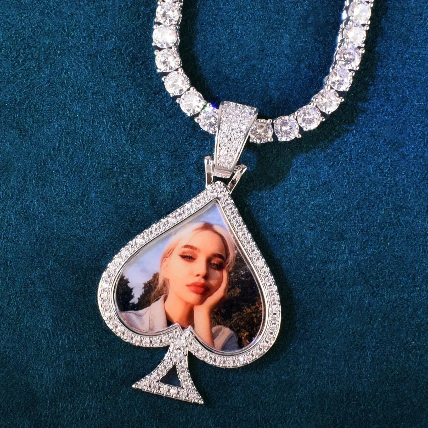 Spade Photo Pendant Necklace | Epoxy CZ Iced Out DIY Custom Hip Hop Jewelry - CaratixJewelry