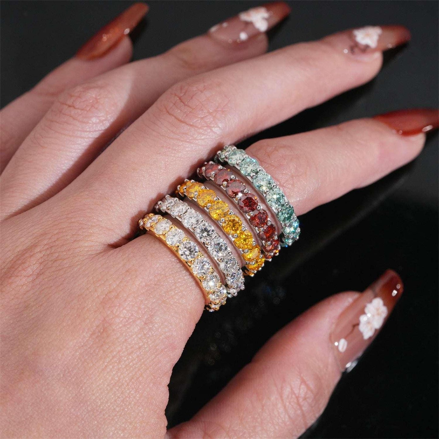 4mm Colored Moissanite Band Ring | S925 Silver Unisex Iced Out Hip Hop Jewelry - CaratixJewelry