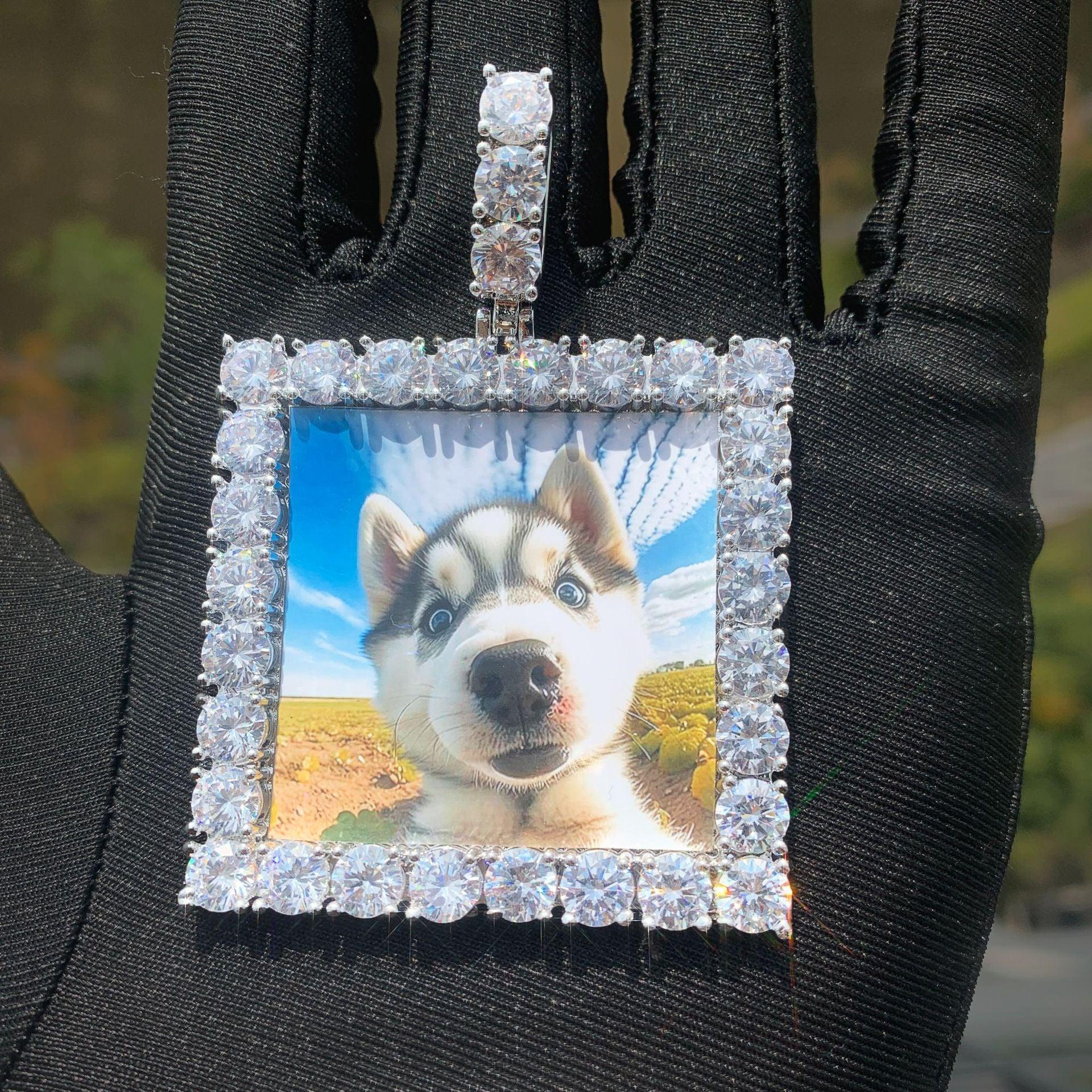 Dog Tag Photo Pendant with Heart Clasp | CZ Iced Out Custom Picture Hip Hop Necklace - CaratixJewelry