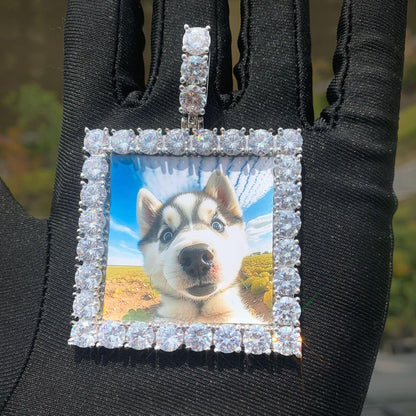 Dog Tag Photo Pendant with Heart Clasp | CZ Iced Out Custom Picture Hip Hop Necklace - CaratixJewelry