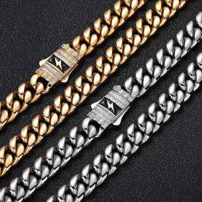 Stainless Steel Cuban Chain Lightning Zircon Necklace with Spring Clasp for Men | Caratix Jewelry - CaratixJewelry