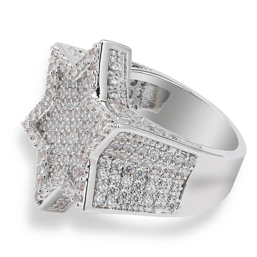 Men's Iced Out 3D Star Ring | Hip Hop Pentagram Signet Band | Caratix