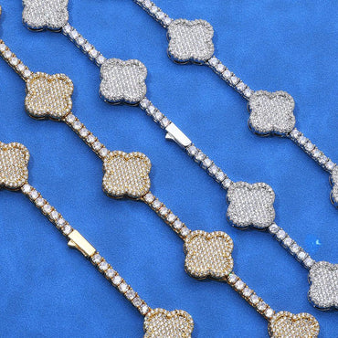 Women's S925 Sterling Silver Moissanite Clover Tennis Chain | VVS1 Iced Out Necklace | Premium Hip Hop Jewelry | Caratix - CaratixJewelry
