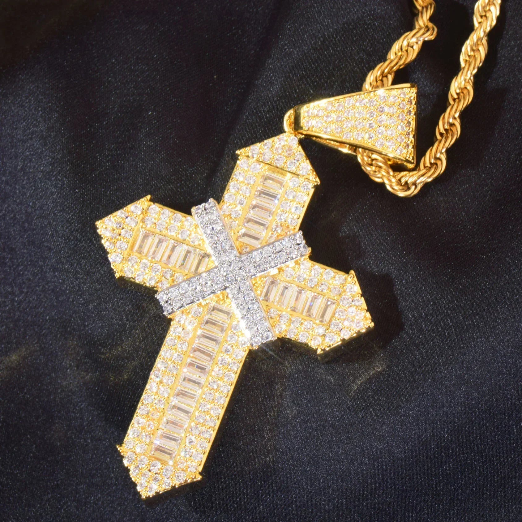 Iced Out Cross Pendant Necklace – Step-Cut Mixed Stone - CaratixJewelry