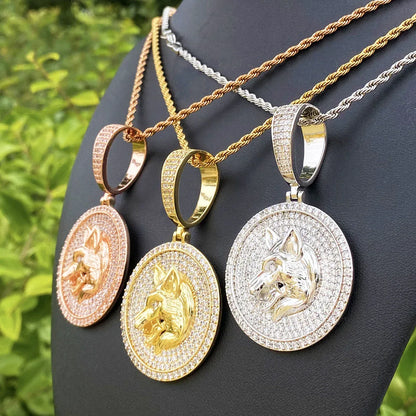Iced Out Round Wolf Head Medallion | Men's Real Copper CZ "Alpha" Necklace | - CaratixJewelry