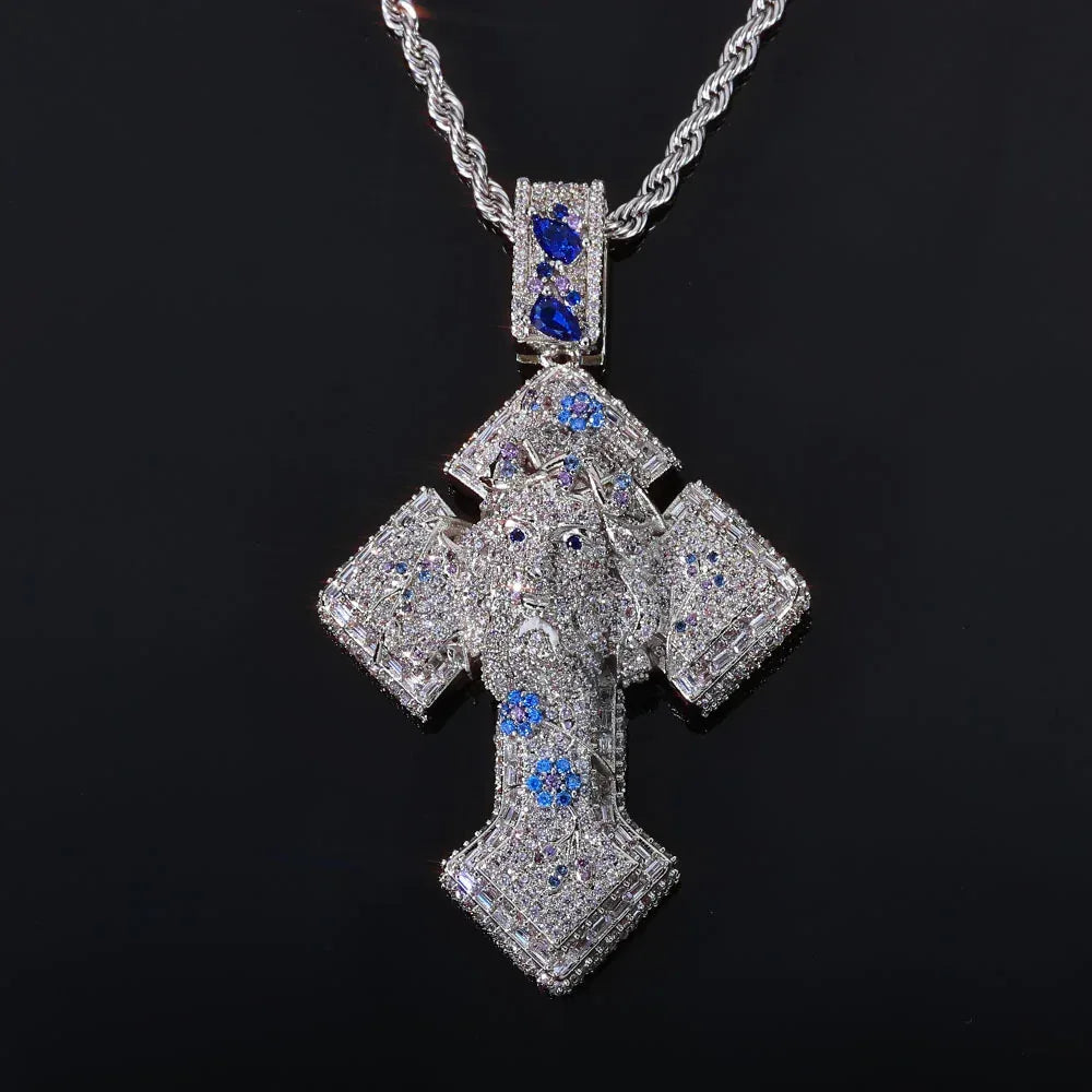 Custom Pendant Necklace with Portrait & Blue Flower Cross | Iced-Out Art Jewelry | Caratix - CaratixJewelry