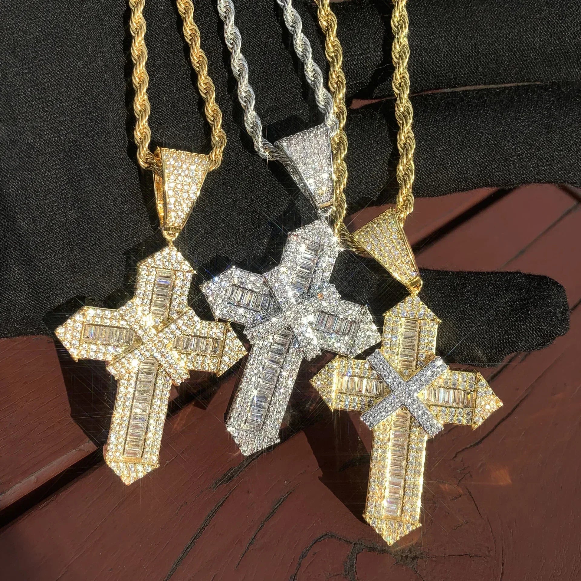 Iced Out Cross Pendant Necklace – Step-Cut Mixed Stone - CaratixJewelry