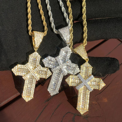 Iced Out Cross Pendant Necklace – Step-Cut Mixed Stone - CaratixJewelry