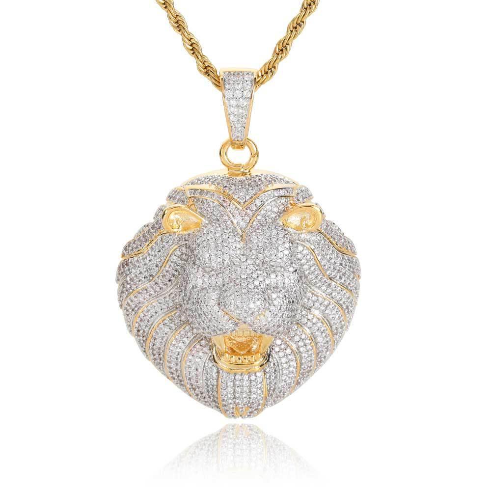 Custom Full Lion Head Pendant Necklace with Zircon Stones and Gold Plating for Men | Caratix Jewelry - CaratixJewelry