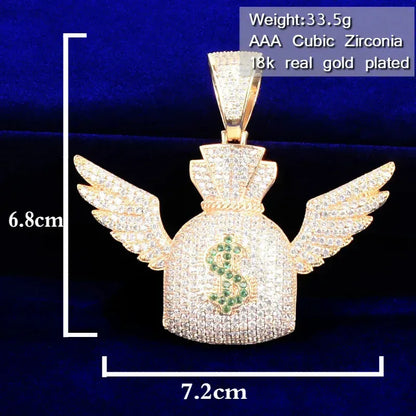 Iced Out Winged Money Bag Pendant | "Flying Cash" Men's Hip Hop Necklace | Premium Copper CZ Dollar Sign Jewelry | Bag Chaser Bling | Caratix - CaratixJewelry