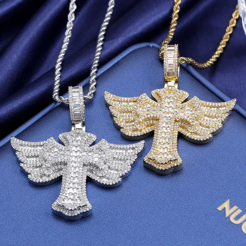 Angel Wing Cross S925 Silver Moissanite Rapper Chain Necklace | Caratix Jewelry - CaratixJewelry
