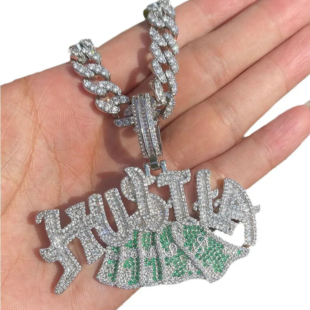 Iced Out "Hustle" Dollar Sign Pendant | Men's Real Copper CZ Necklace - CaratixJewelry