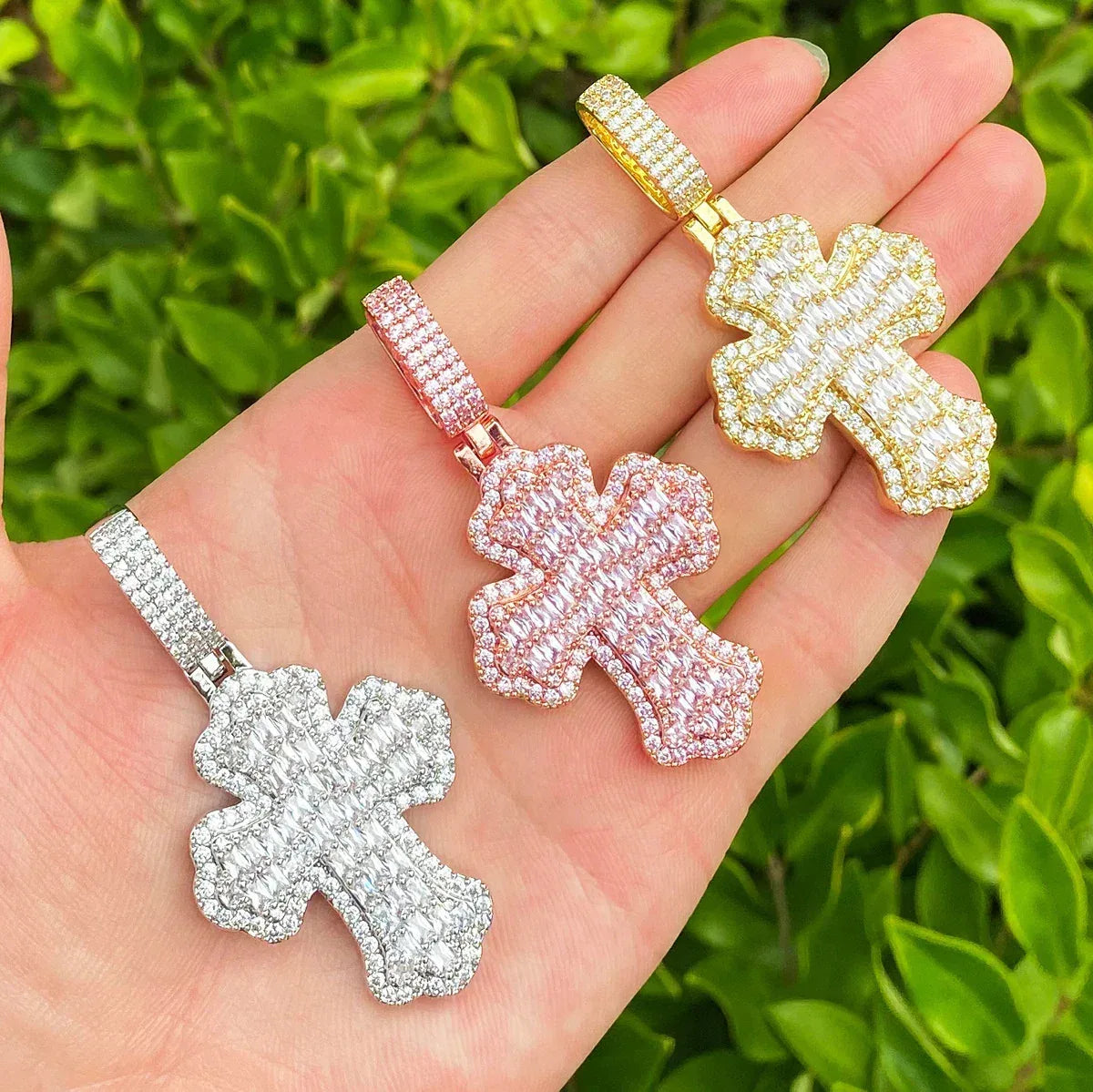Double Layer Iced Out Baguette Cross Pendant | Men's Real Copper CZ Necklace - CaratixJewelry