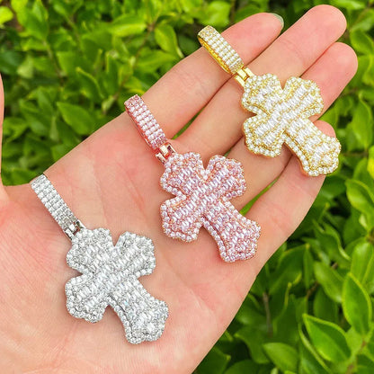 Double Layer Iced Out Baguette Cross Pendant | Men's Real Copper CZ Necklace - CaratixJewelry