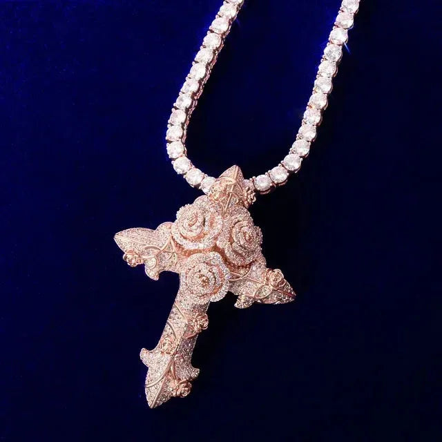 Luxury Iced Out Rose Cross Pendant for Men | Hip Hop Floral Faith Necklace | Premium Copper CZ Jewelry | Artistic Streetwear Bling | Caratix - CaratixJewelry