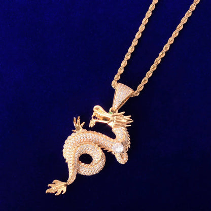 Iced Out Chinese Dragon Zodiac Pendant | Year of the Dragon Vintage Gold Necklace - CaratixJewelry