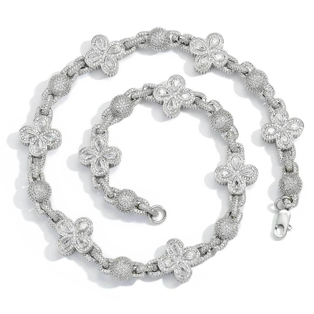 Four-Leaf Clover Moissanite Bead Chain – S925 Sterling Silver Iced-Out Hip Hop Men’s Luxury Streetwear Necklace - CaratixJewelry