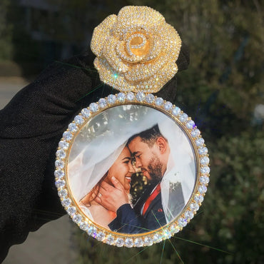 Rose Round Photo Pendant | Iced Out CZ Custom Picture Hip Hop DIY Necklace - CaratixJewelry