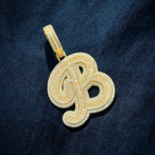 Baguette Script Letter Pendant | CZ Iced Out Hip Hop Unisex Streetwear Necklace - CaratixJewelry