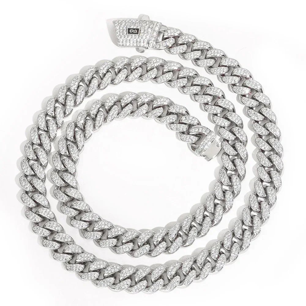 12mm Double-Row Moissanite Moroccan Cuban Chain in S925 Sterling Silver - CaratixJewelry