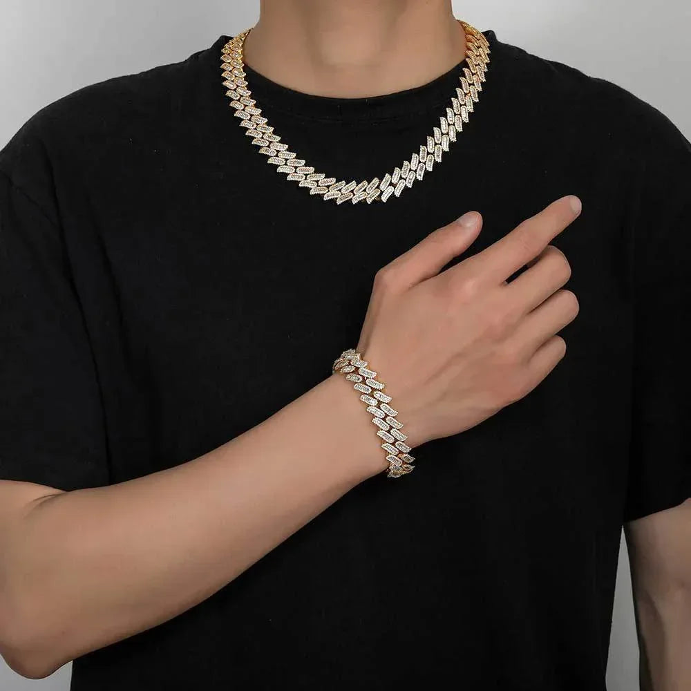 15mm Thorn Cuban Chain Mixed Set T-Cut Zircon Gold Plated - CaratixJewelry