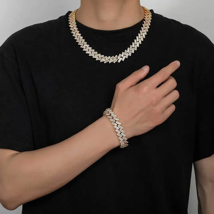 15mm Thorn Cuban Chain Mixed Set T-Cut Zircon Gold Plated - CaratixJewelry