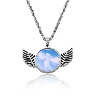 Winged Round Photo Frame Pendant Necklace with Customizable Photo for Men | DIY Stainless Steel Necklace | Caratix Jewelry - CaratixJewelry