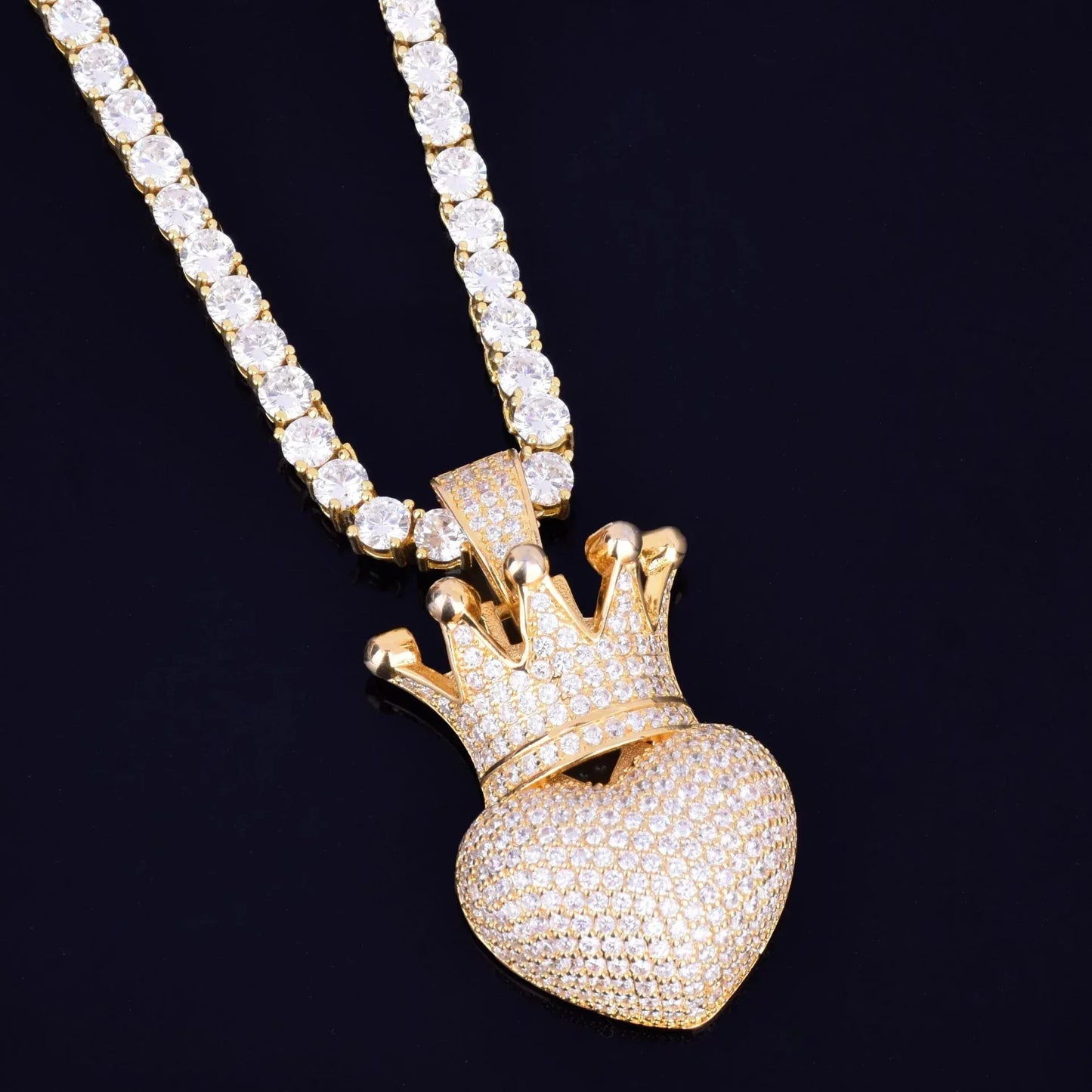 Luxury Iced Out Heart Crown Pendant for Men | Hip Hop Pave CZ Jewelry | Trendy Copper Zircon Necklace | King of Hearts Ice Pendant | Caratix - CaratixJewelry