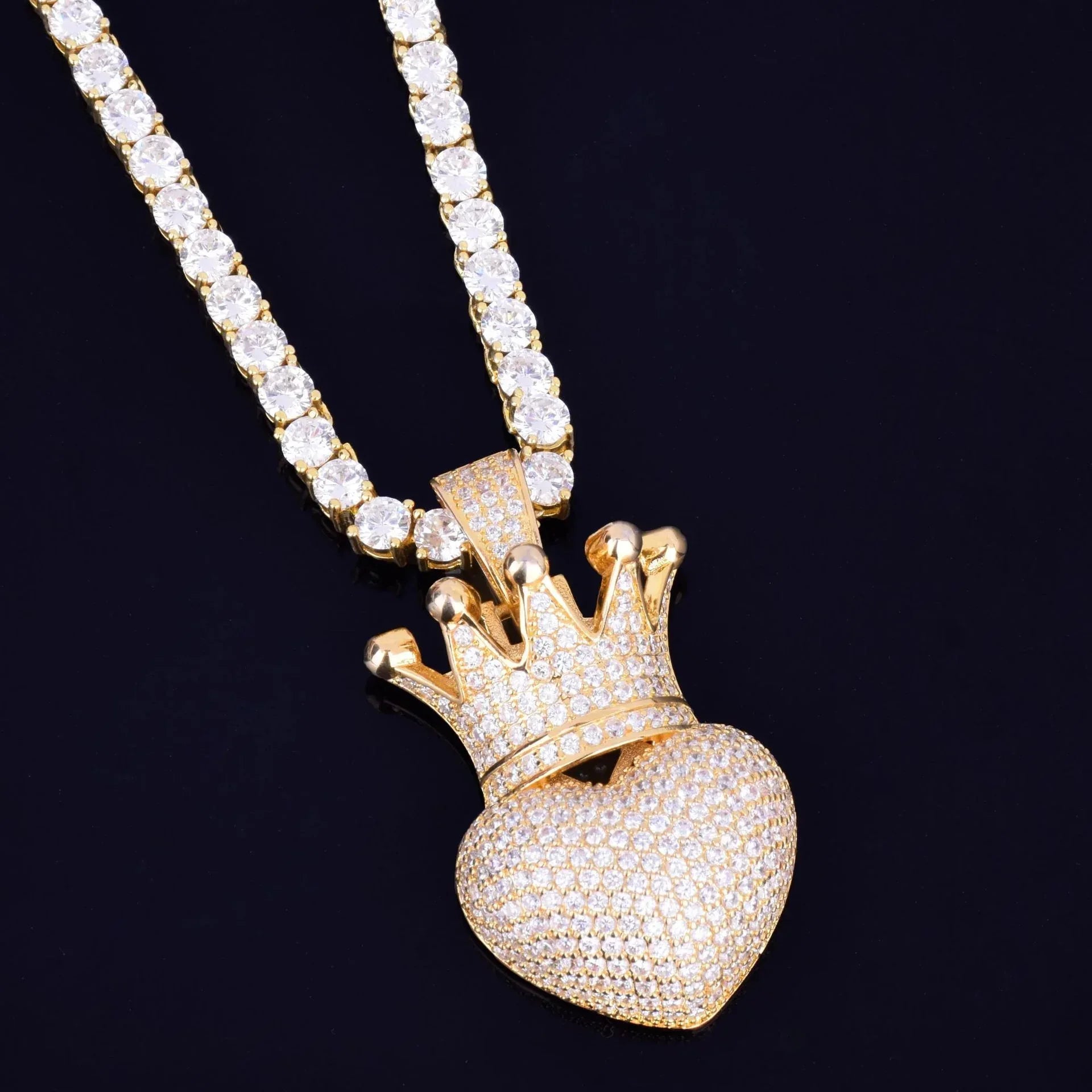 Luxury Iced Out Heart Crown Pendant for Men | Hip Hop Pave CZ Jewelry | Trendy Copper Zircon Necklace | King of Hearts Ice Pendant | Caratix - CaratixJewelry