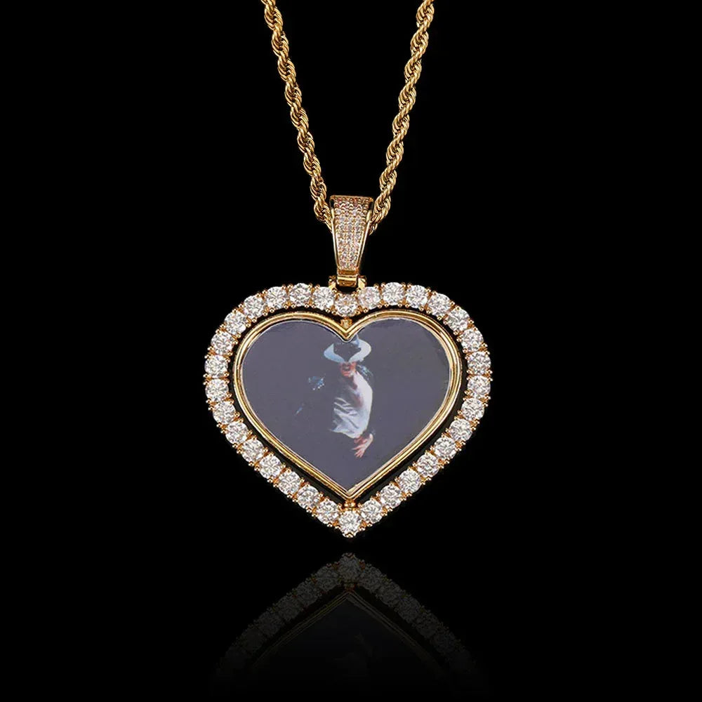 Custom Double-Sided Heart Rotating Photo Pendant Necklace with Zircon Stones for Men and Women | Caratix Jewelry - CaratixJewelry