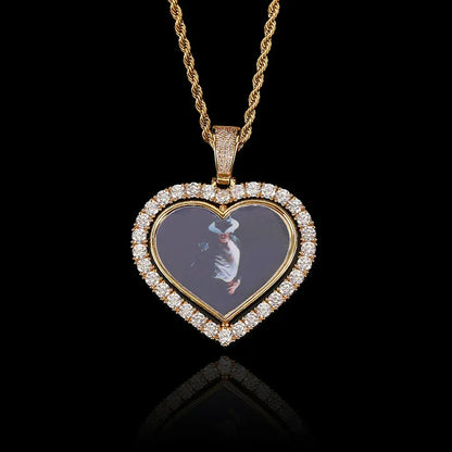 Custom Double-Sided Heart Rotating Photo Pendant Necklace with Zircon Stones for Men and Women | Caratix Jewelry - CaratixJewelry