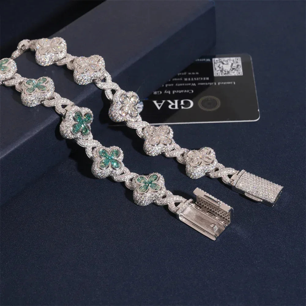 18mm Four-Leaf Clover Moissanite Cuban Link Bracelet – S925 Sterling Silver Iced-Out Hip Hop Streetwear Jewelry - CaratixJewelry