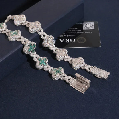 18mm Four-Leaf Clover Moissanite Cuban Link Bracelet – S925 Sterling Silver Iced-Out Hip Hop Streetwear Jewelry - CaratixJewelry