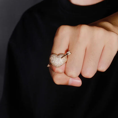 3D Cupid's Arrow Heart Ring | Iced Out Zirconia Couple's Band | Caratix