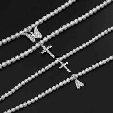 8mm–10mm Pearl Necklace with Cross Butterfly Letter Pendant for Men & Women | Caratix Jewelry - CaratixJewelry