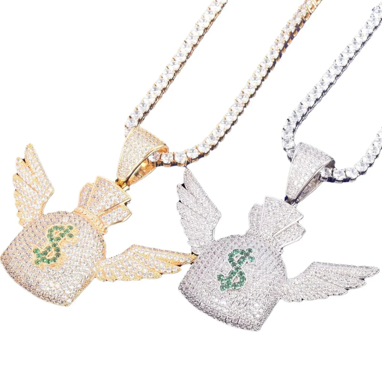 Iced Out Winged Money Bag Pendant | "Flying Cash" Men's Hip Hop Necklace | Premium Copper CZ Dollar Sign Jewelry | Bag Chaser Bling | Caratix - CaratixJewelry