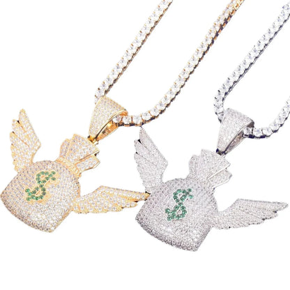 Iced Out Winged Money Bag Pendant | "Flying Cash" Men's Hip Hop Necklace | Premium Copper CZ Dollar Sign Jewelry | Bag Chaser Bling | Caratix - CaratixJewelry