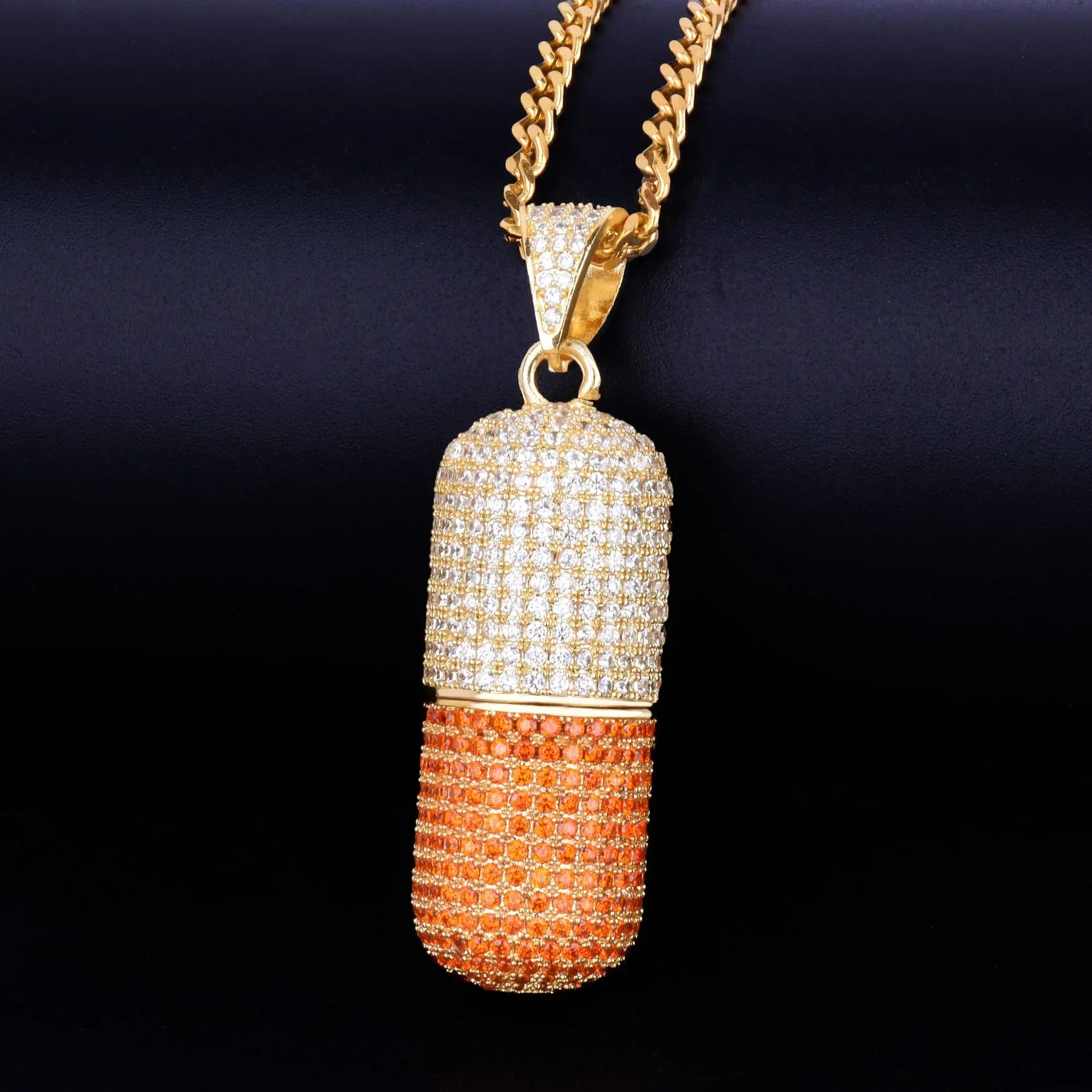 Iced Out Dual-Tone Pill Pendant | Men's Spliced Capsule Necklace | Premium Copper CZ Party Jewelry | Half & Half Trend Bling | Caratix - CaratixJewelry
