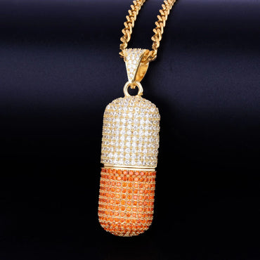 Iced Out Dual-Tone Pill Pendant | Men's Spliced Capsule Necklace | Premium Copper CZ Party Jewelry | Half & Half Trend Bling | Caratix - CaratixJewelry