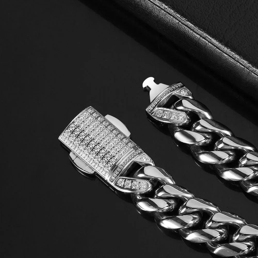 Iced-Out Stainless Steel Cuban Link Necklace with Spring Clasp for Men | Caratix Jewelry - CaratixJewelry