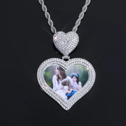 Custom Heart Photo Pendant Necklace with Zircon Stones for Men | Caratix Jewelry - CaratixJewelry