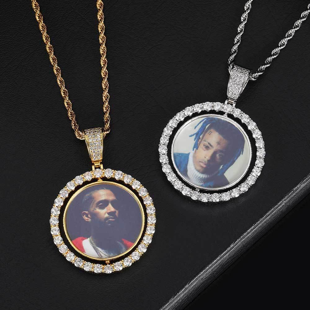 Custom Rotating Double-Sided Round Photo Pendant Necklace with Micro-Pave Zircon Stones | Caratix Jewelry - CaratixJewelry