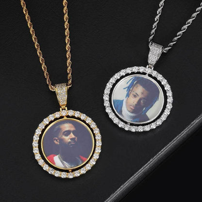 Custom Rotating Double-Sided Round Photo Pendant Necklace with Micro-Pave Zircon Stones | Caratix Jewelry - CaratixJewelry