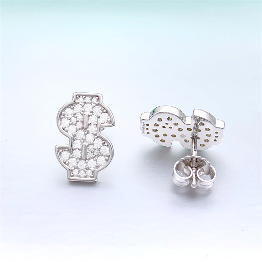 S925 Sterling Silver Money Sign Moissanite Studs | Iced Out Dollar Earring | Caratix